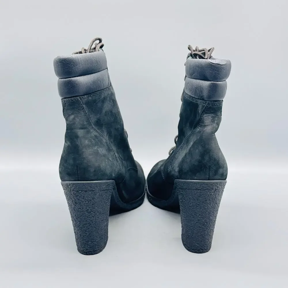 Timberland Boots Womens 9 Black Nubuck Lace Up Heel Ankle Booties Lug Sole